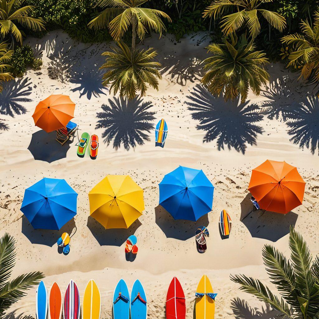 A vibrant beach scene showcasing a diverse group of people in stylish thongs and bikinis, featuring innovative designs with bold patterns and colors. Include elements like surfboards, beach umbrellas, and tropical plants to create a lively atmosphere. The sun shines brightly, casting dynamic shadows on the sand, highlighting the swimwear. The background should depict a crystal-clear ocean with playful waves. super-realistic. vibrant colors. summer vibes.